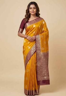 Banarasi cotton silk saree in mustard with panboota  work 1