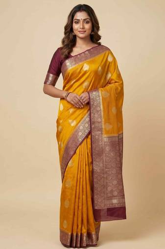 Banarasi cotton silk saree in mustard with panboota  work