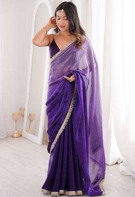 violet fendi satin double shaded sequins with zari lace work saree with blouse 2
