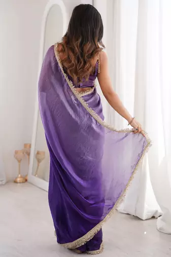 violet fendi satin double shaded sequins with zari lace work saree with blouse