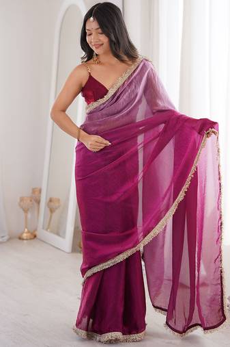 wine fendi satin double shaded sequins with zari lace work saree with blouse