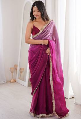 wine fendi satin double shaded sequins with zari lace work saree with blouse 2