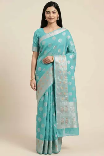 Banarasi cotton silk saree in skyblue with   zari booti   work