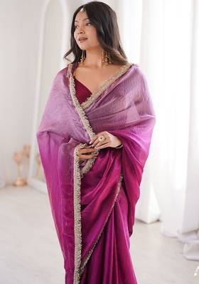 wine fendi satin double shaded sequins with zari lace work saree with blouse 3