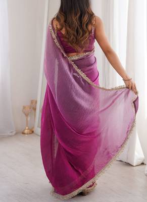 wine fendi satin double shaded sequins with zari lace work saree with blouse 4