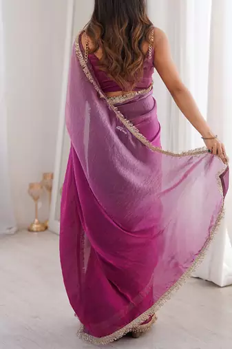 wine fendi satin double shaded sequins with zari lace work saree with blouse