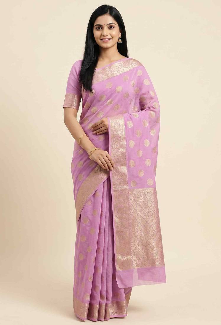 Banarasi cotton silk saree in light pink with zari booti   work