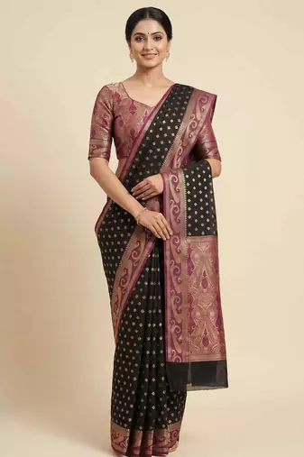 Banarasi cotton silk saree in black with zari booti   work