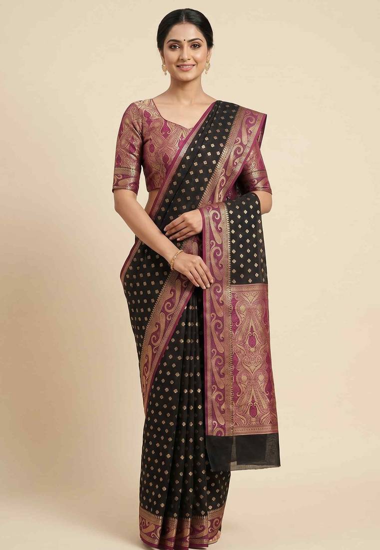 Banarasi cotton silk saree in black with zari booti   work