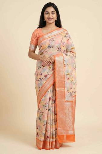 Banarasi digital print cotton silk saree in peach with   zari booti   work