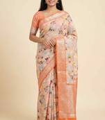 Banarasi digital print cotton silk saree in peach with   zari booti   work