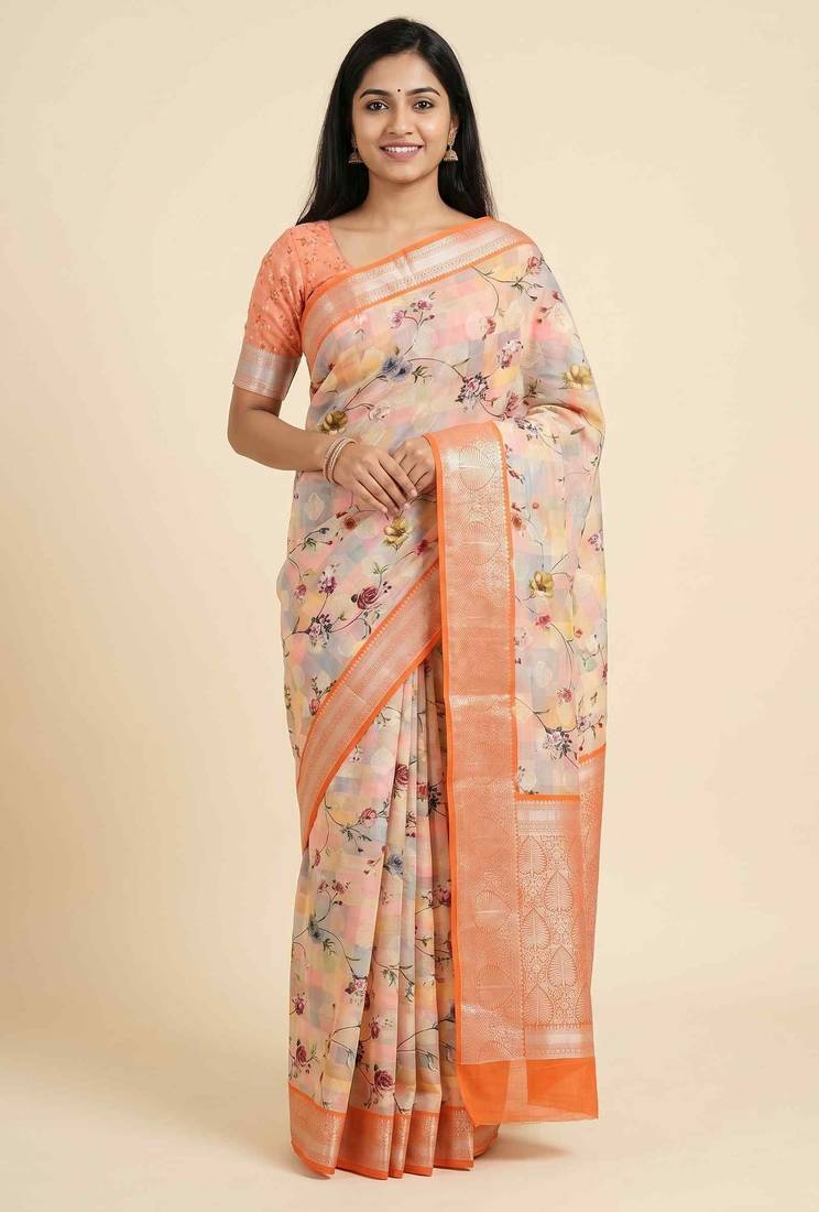 Banarasi digital print cotton silk saree in peach with   zari booti   work