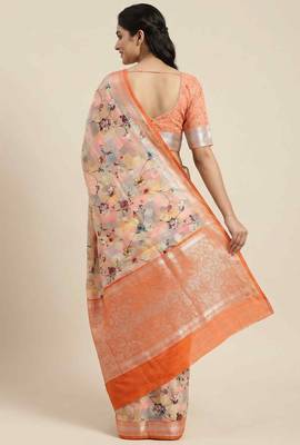 Banarasi digital print cotton silk saree in peach with   zari booti   work 2