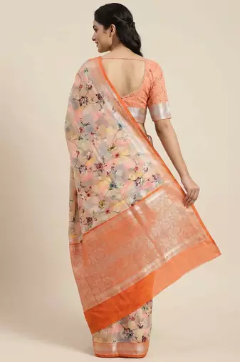 Banarasi digital print cotton silk saree in peach with   zari booti   work