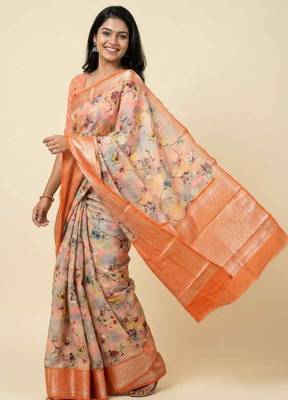 Banarasi digital print cotton silk saree in peach with   zari booti   work 3