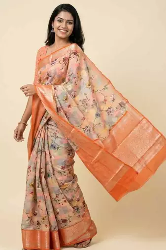 Banarasi digital print cotton silk saree in peach with   zari booti   work