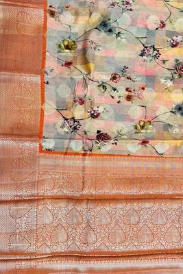 Banarasi digital print cotton silk saree in peach with   zari booti   work 4