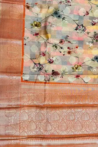 Banarasi digital print cotton silk saree in peach with   zari booti   work