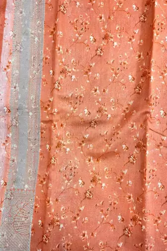 Banarasi digital print cotton silk saree in peach with   zari booti   work