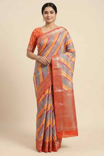 Banarasi digital print cotton silk saree in orange  with    multicolour strip  work