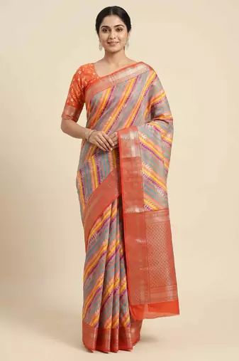 Banarasi digital print cotton silk saree in orange  with    multicolour strip  work