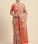 Banarasi digital print cotton silk saree in orange  with    multicolour strip  work