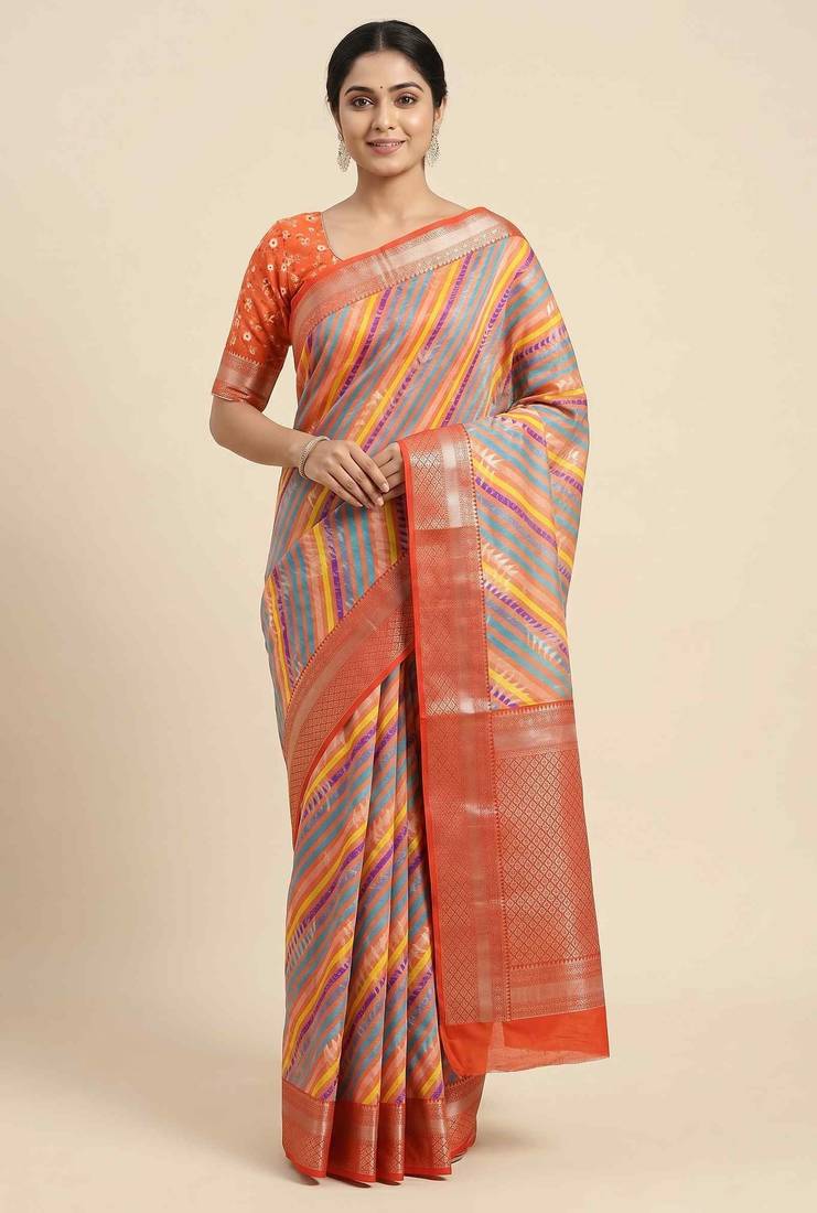 Banarasi digital print cotton silk saree in orange  with    multicolour strip  work
