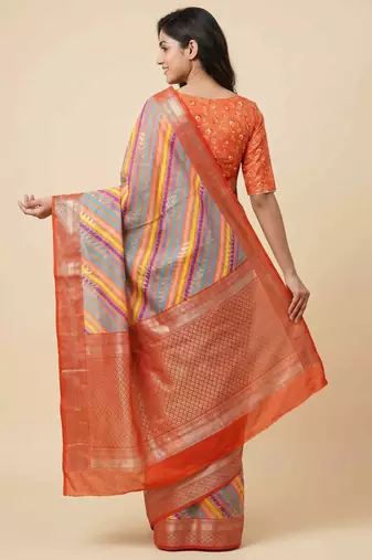 Banarasi digital print cotton silk saree in orange  with    multicolour strip  work