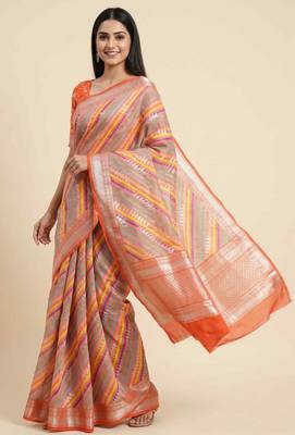 Banarasi digital print cotton silk saree in orange  with    multicolour strip  work 3