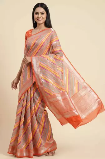 Banarasi digital print cotton silk saree in orange  with    multicolour strip  work