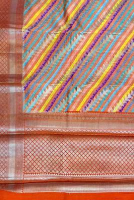 Banarasi digital print cotton silk saree in orange  with    multicolour strip  work 4