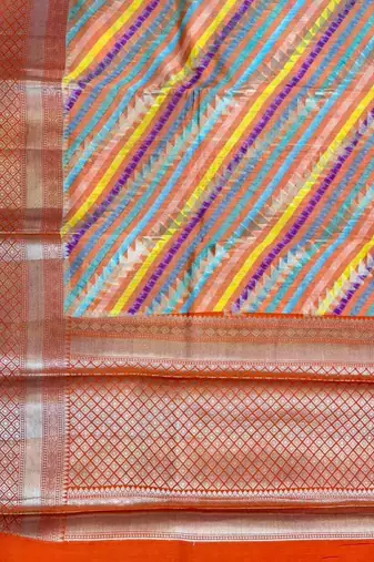 Banarasi digital print cotton silk saree in orange  with    multicolour strip  work