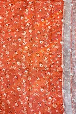 Banarasi digital print cotton silk saree in orange  with    multicolour strip  work 5