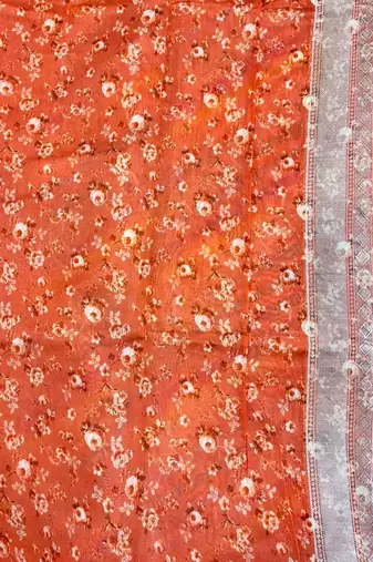 Banarasi digital print cotton silk saree in orange  with    multicolour strip  work