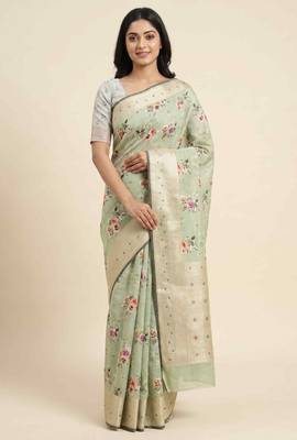 Banarasi digital print cotton silk saree in pistagreen  with  zari booti   work 1