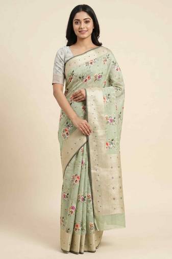 Banarasi digital print cotton silk saree in pistagreen  with  zari booti   work