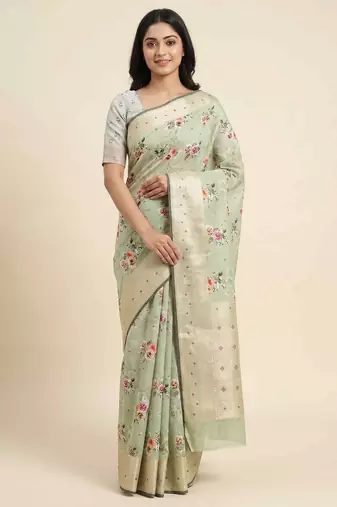 Banarasi digital print cotton silk saree in pistagreen  with  zari booti   work