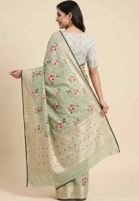 Banarasi digital print cotton silk saree in pistagreen  with  zari booti   work 2