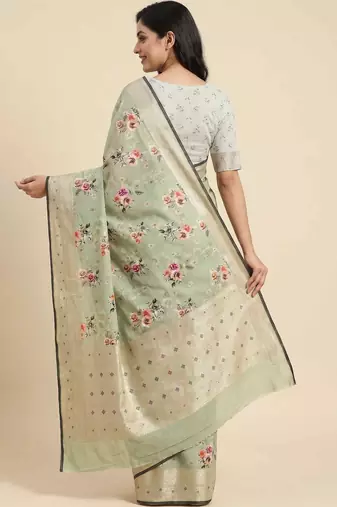 Banarasi digital print cotton silk saree in pistagreen  with  zari booti   work