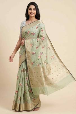 Banarasi digital print cotton silk saree in pistagreen  with  zari booti   work 3