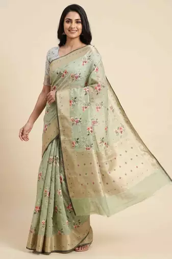 Banarasi digital print cotton silk saree in pistagreen  with  zari booti   work
