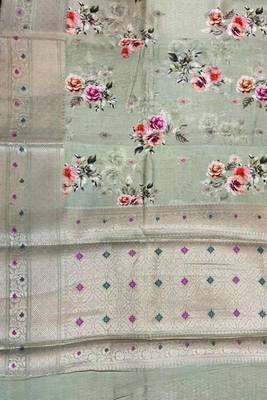 Banarasi digital print cotton silk saree in pistagreen  with  zari booti   work 4