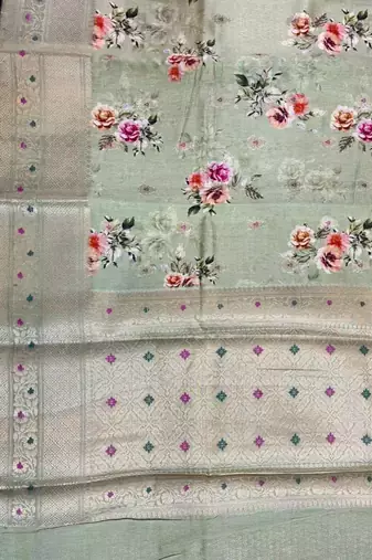 Banarasi digital print cotton silk saree in pistagreen  with  zari booti   work