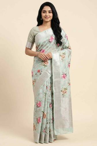 Banarasi digital print cotton silk saree in pistagreen  with zari booti  work