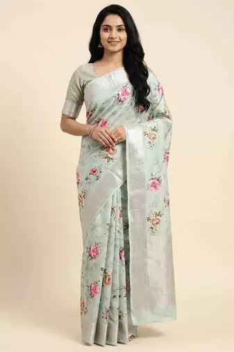 Banarasi digital print cotton silk saree in pistagreen  with zari booti  work