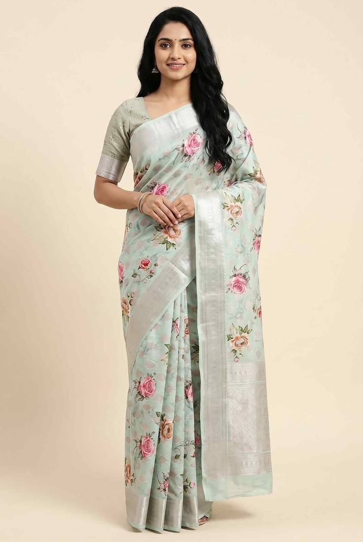 Banarasi digital print cotton silk saree in pistagreen  with zari booti  work