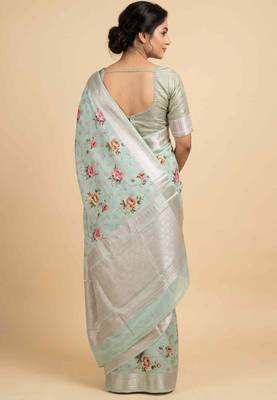 Banarasi digital print cotton silk saree in pistagreen  with zari booti  work 2