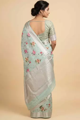 Banarasi digital print cotton silk saree in pistagreen  with zari booti  work