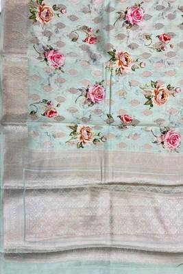 Banarasi digital print cotton silk saree in pistagreen  with zari booti  work 3