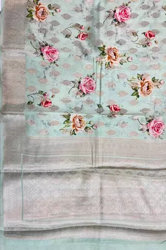 Banarasi digital print cotton silk saree in pistagreen  with zari booti  work